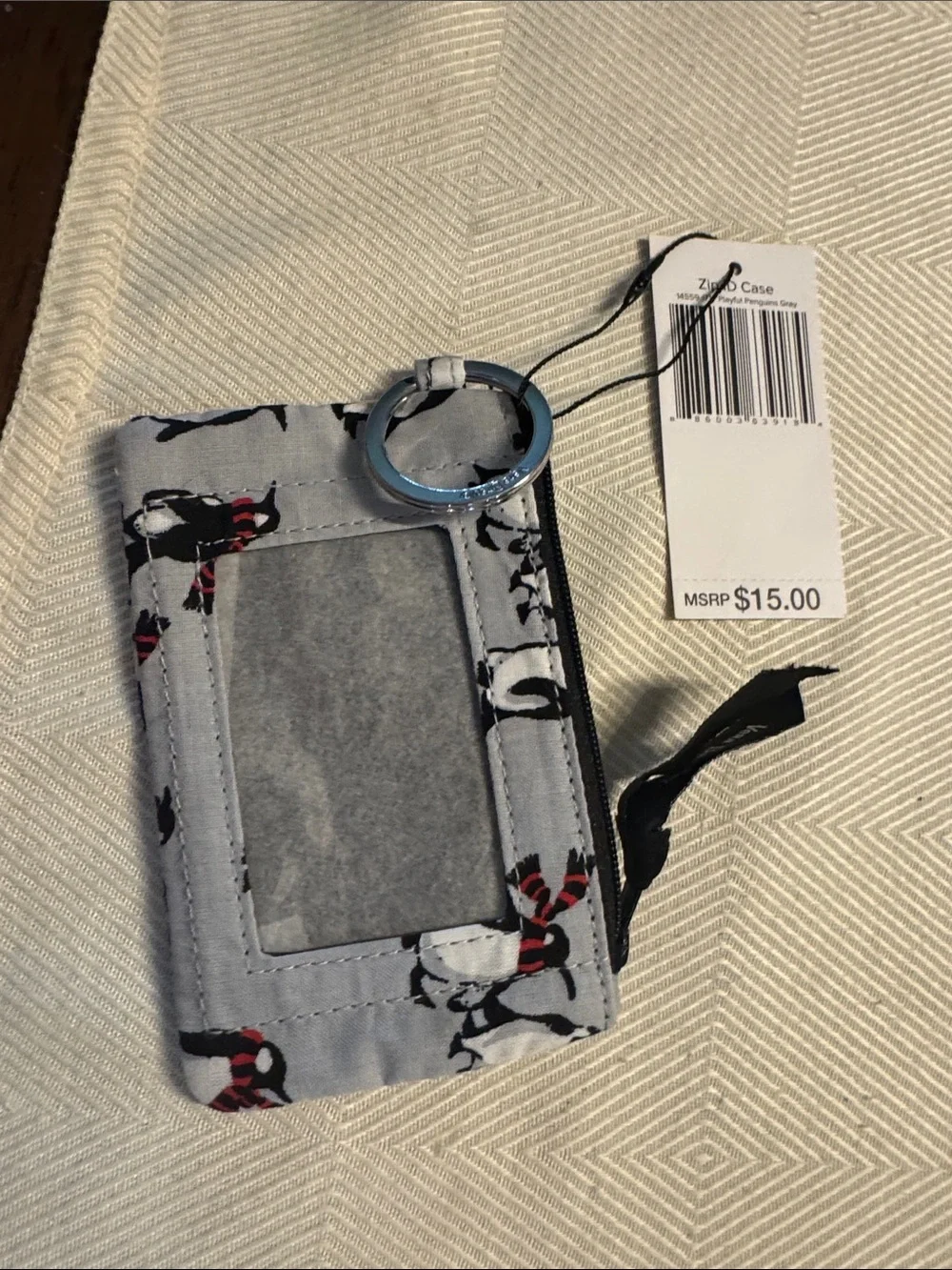 Penguin Print Zip ID Case with Ribbon Tag - Picture 2 of 2